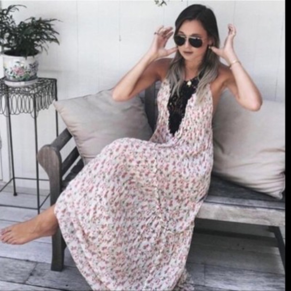 Zara Studio Pink Floral Printed Flowing Maxi Dress with Black Lace Detail